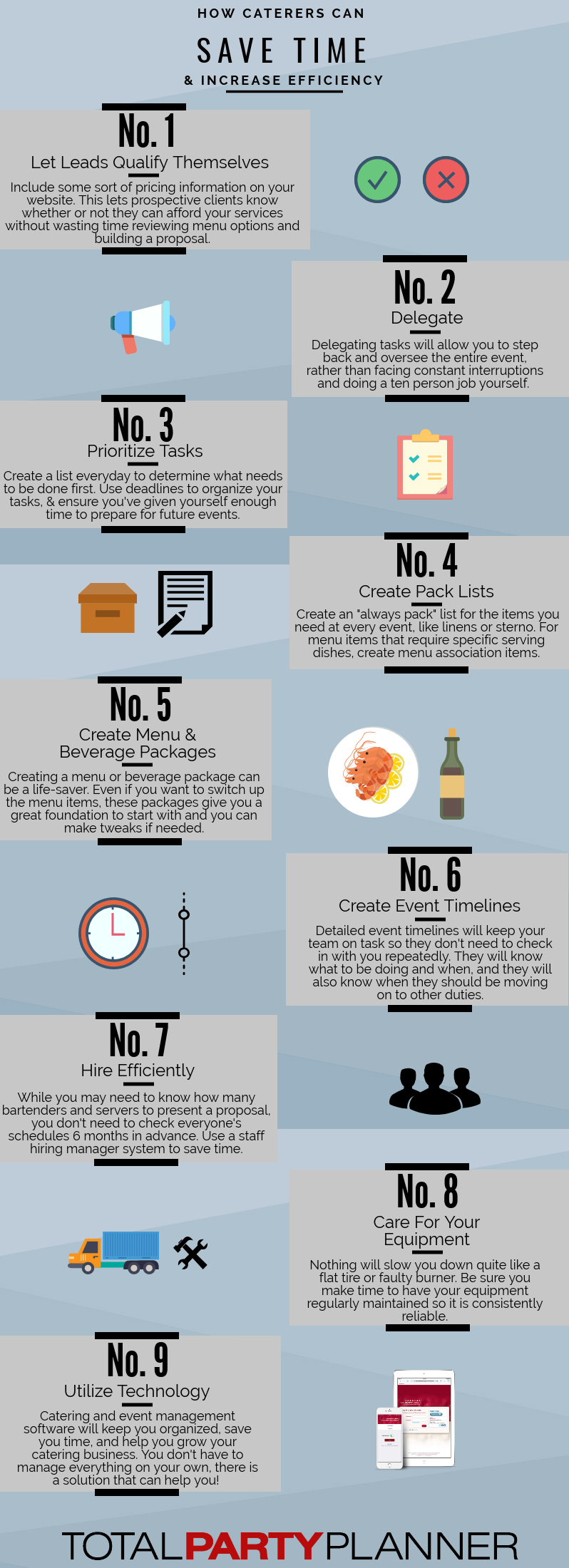 Infographic with 9 tips on how caterers can save time and increase efficiency.