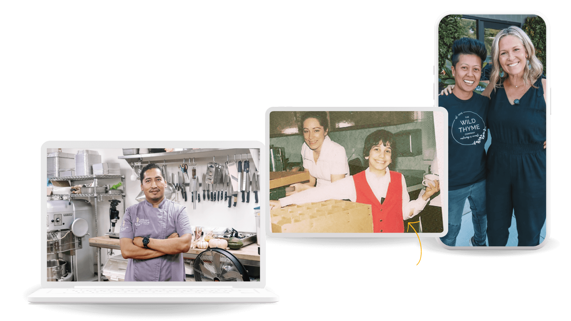 Computer, tablet, and mobile phone showing pictures of catering teams.